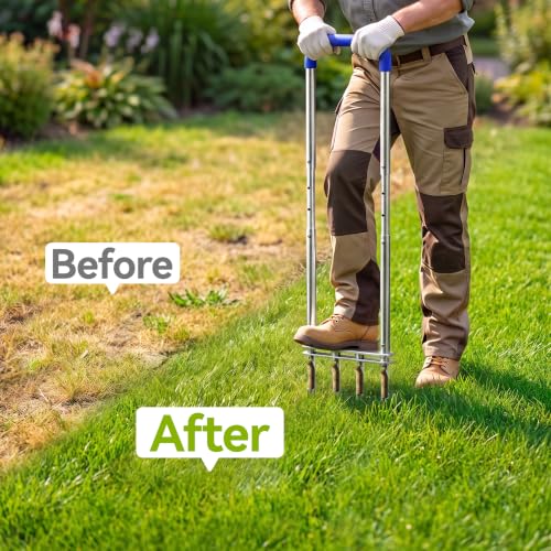 Knee-Friendly Manual Lawn Aerator, Adjustable 43.3–48.5", Silver, Dual Step