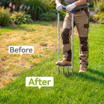 Knee-Friendly Manual Lawn Aerator, Adjustable 43.3–48.5", Silver, Dual Step