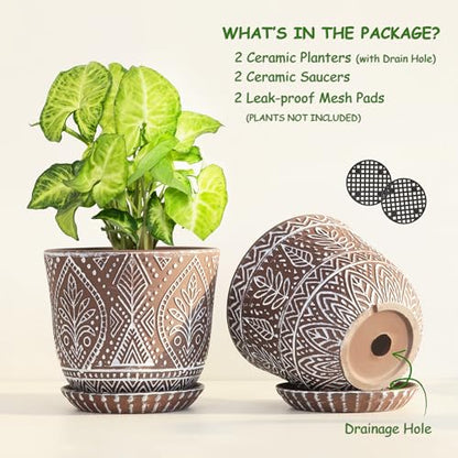 Gepege Ceramic Plant Pots, 6 Inch Indoor Planters with Drainage & Saucers - color: Brown-b, size: 6 Inch - Set of 2