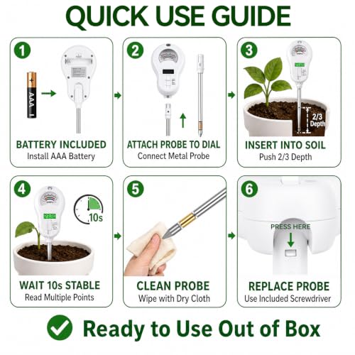 Soil Test Kit, 6-in-1 Soil Moisture Meter, PH/Sunlight/Soil Moisture/Fertility Monitor Indicator Sensor with 4 Removable Probe, Soil Tester for Garden, Lawn, Indoor and Outdoor Plants