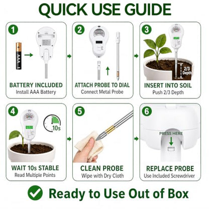 Soil Test Kit, 6-in-1 Soil Moisture Meter, PH/Sunlight/Soil Moisture/Fertility Monitor Indicator Sensor with 4 Removable Probe, Soil Tester for Garden, Lawn, Indoor and Outdoor Plants