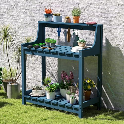 Domi 3-Tier Potting Benches for Outside, HDPE Outdoor Potting Table, Blue - color: Blue