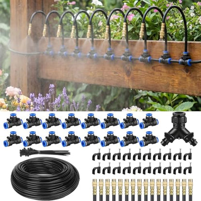 100FT Drip Irrigation System Kit, 1/4 Inch Garden Watering System with 16 Adjustable Brass Nozzles, Automatic Misting Watering Kit for Raised Beds, Greenhouse, Lawn, Patio, Yard