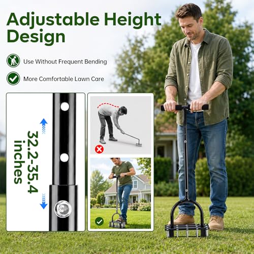 Lawn Aerator - 2-in-1 Manual Aerator with Automatic Dirt and Leaf Clean, Heavy-Duty Reinforced 15 Spikes & Ergonomic T-Handle for Lawn Maintenance, Garden Care, Yard Work (Black)