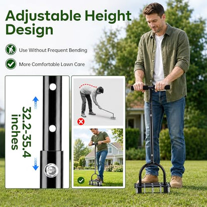 Lawn Aerator - 2-in-1 Manual Aerator with Automatic Dirt and Leaf Clean, Heavy-Duty Reinforced 15 Spikes & Ergonomic T-Handle for Lawn Maintenance, Garden Care, Yard Work (Black)