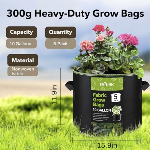 BN-LINK 5-Pack 10 Gallon Grow Bags, Heavy Duty Aeration Fabric Pots with Handles, Thickened Nonwoven Plant Bags for Vegetables, Flowers, Fruits - size: 10 Gallon 5 Pack