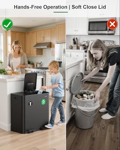 Lovewind 2×11.5 Gallon Dual Trash Can, Stainless Steel Dual Garbage and Recycling Can with Foot Pedal, 90° Stay-Open Lid, Pet-Proof Design – Large Dual Compartment Trash Recycling Bins Kitchen, Black - color: Black, size: 23 Gallon
