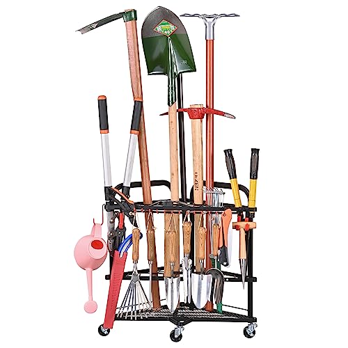 PLKOW Garden Tool Organizer with Wheels and Storage Hooks, Rolling Corner Tool Storage Rack for Garden, Shed, Garage, Powder Coated Steel, Black - size: Corner Rack