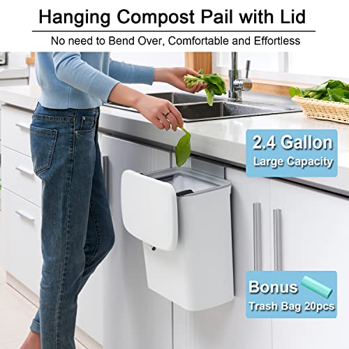 Tiyafuro 2.4 Gallon Kitchen Compost Bin for Counter Top or Under Sink, Hanging Small Trash Can with Lid for Cupboard/Bathroom/Bedroom/Office/Camping, Mountable Indoor Compost Bucket, White - color: White