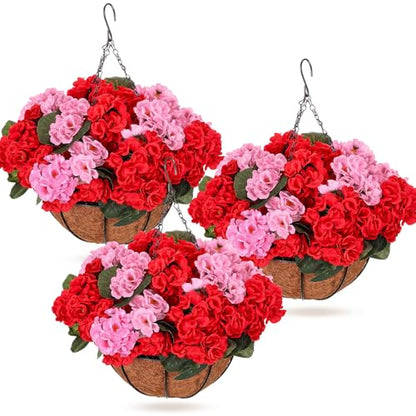Suncalla 3 Set Artificial Geranium Flowers with Hanging Baskets - color: Colorful, size: Geraniums