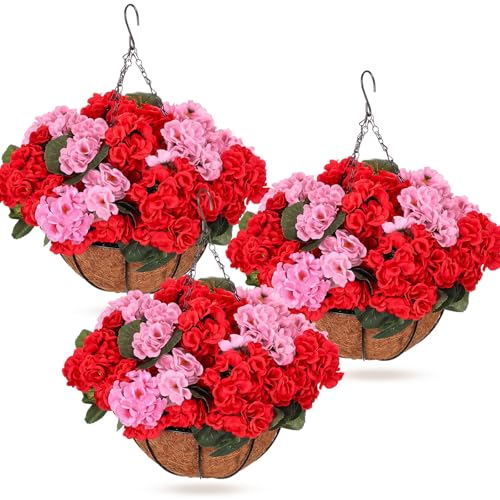 Suncalla 3 Set Artificial Geranium Flowers with Hanging Baskets - color: Colorful, size: Geraniums