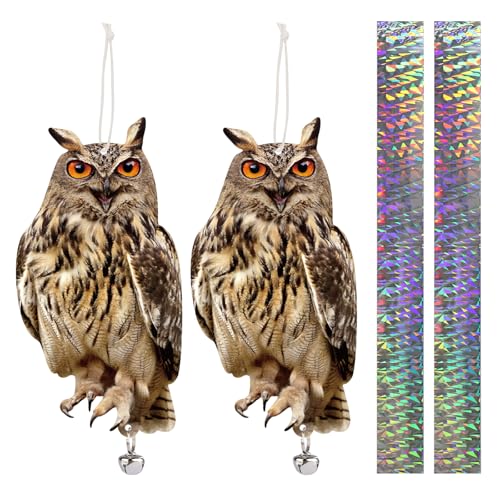 Hanging Plastic Owls for Gardens, 2PCS Reflective Hanging Owl Decoration Woodpecker Control Device with Reflective Tape, Jinging Bell for Garden Patio Windows - color: 2 Brown Owl