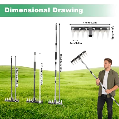 Weed Puller Tool with Long Handle, 3-in-1 Weeding Rake and Weed Remover Tool for Yard, Gardening Long Handle Weeding Tools, Stainless Steel Adjustable Handle, Ergonomic Grip
