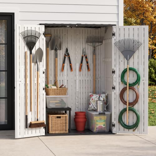 65 Cu.Ft Resin Outdoor Storage Shed with Floor, Weatherproof Plastic Vertical Outdoor Storage Cabinet for Garden Backyard Patio Pool Tool - size: 65 Cu.Ft