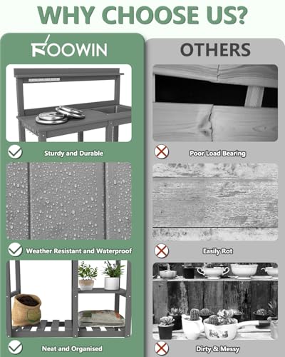 FOOWIN Potting Bench, HDPE Outdoor Potting Table with Sink, All-Weather Potting Benches for Outside, Gardening Table with Storage Shelf, Hook, for Garden, Patio, Lawns, Grey