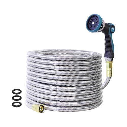25FT Garden Hose, Stainless Steel Water Hose Flexible with a 10-Mode Nozzle Sprayer, No Kink, Lightweight, Puncture Proof, Ideal for Indoor & Outdoor Light Use, 5/8'' Outside Diameter - size: 25 feet