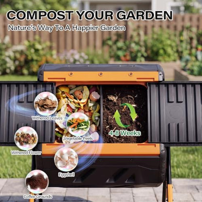 LAUSAINT HOME Dual Chamber Compost Tumbler, 52 Gallon Outdoor Rotating Composter with Sliding Doors for Garden Waste, Kitchen Scraps & Yard Debris, Black and Orange - size: 52 gallon