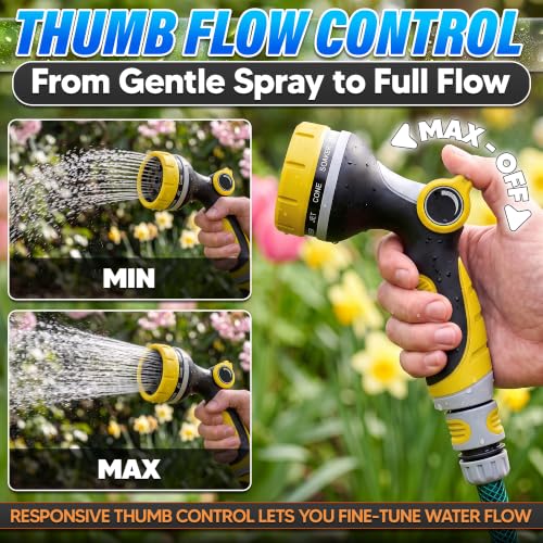 Garden Hose Nozzle, 10 Spray Patterns, Thumb Flow Control, Yellow - color: Yellow