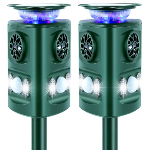 Rechargeable 360° Solar Ultrasonic Animal Repeller Motion Sensor Deer Repellent Devices, Deer Deterrent with Flashing Light, Repel Dog Cat Skunk Rabbit Squirrel Yard Garden Outdoor - size: 2 Pack