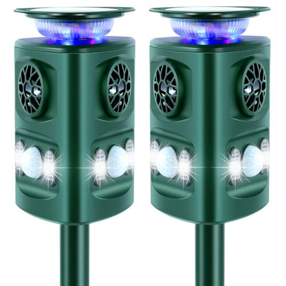 Rechargeable 360° Solar Ultrasonic Animal Repeller Motion Sensor Deer Repellent Devices, Deer Deterrent with Flashing Light, Repel Dog Cat Skunk Rabbit Squirrel Yard Garden Outdoor - size: 2 Pack