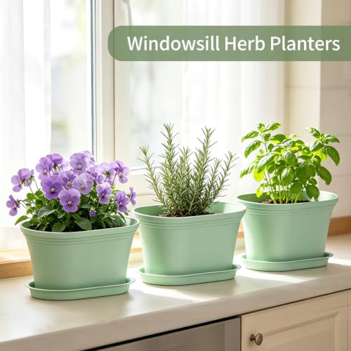 Oliz Set of 6 Windowsill Herb Garden Planters Green w/ Drain Trays - color: Green