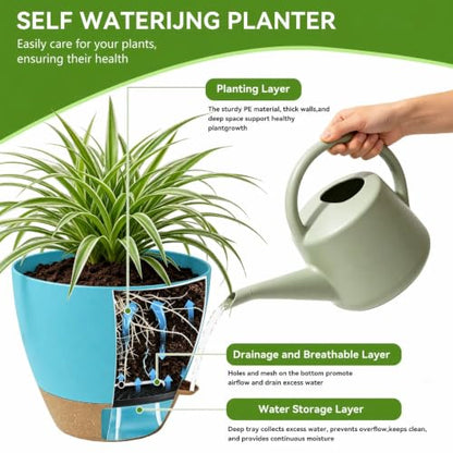Ecolley Plant Pots 8/10/12 Inch Self Watering Pots, Set of 3 Plastic Planters with Drainage Holes and Saucers,Plastic Flower Pots,Nursery Planting Pot for Indoor Out Door PlantsBlue Green - color: Blue Green