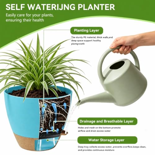 Ecolley Plant Pots 8/10/12 Inch Self Watering Pots, Set of 3 Plastic Planters with Drainage Holes and Saucers,Plastic Flower Pots,Nursery Planting Pot for Indoor Out Door PlantsBlue Green - color: Blue Green