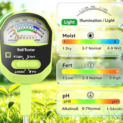 Soil Moisture Meter, 4-in-1 Soil Tester PH, Soil Moisture, Fertility, Sunlight Intensity with Removable Probe, Large Dial Soil Tester Kit for Gardening, Farming, Lawning and Outdoor Plants