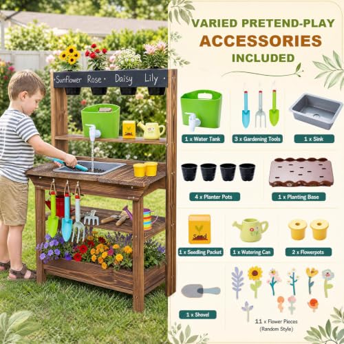 GLACER Mud Kitchen for Kids Outdoor, Fir Wood Potting Bench