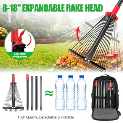 Adjustable Metal Leaf Rake for Leaves, 60 Inch Long Handle Yard Rake with 18 Metal Tines & 8-18" Expandable Head, Lightweight Garden Rake for Lawns, Grass Clippings, Pine Needles - size: 61 inch