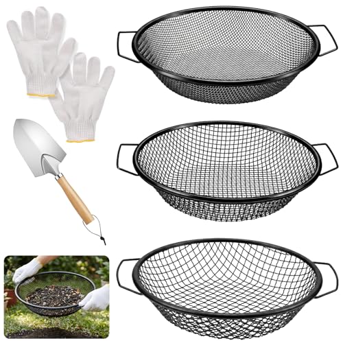 3PCS Soil Sifter 3,6,10mm Rock Sifting Screen with Shovel Gloves Black - size: Black-3PCS(1/8in,1/4in,3/8in)