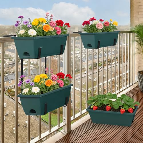 Deck Railing Planter Boxes 2 Tier Green Outdoor Hanging Planters Set of 2 - color: Green