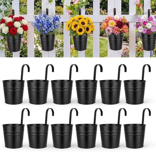 HowRU Hanging Flower Pots, Railing Planter Box for Outdoor Plants 12 Pack 5 Inch Metal Hanging Planters with Detachable Hooks Balcony Window Fence Garden Decoration Flower Boxes (Black) - color: Black(5in)