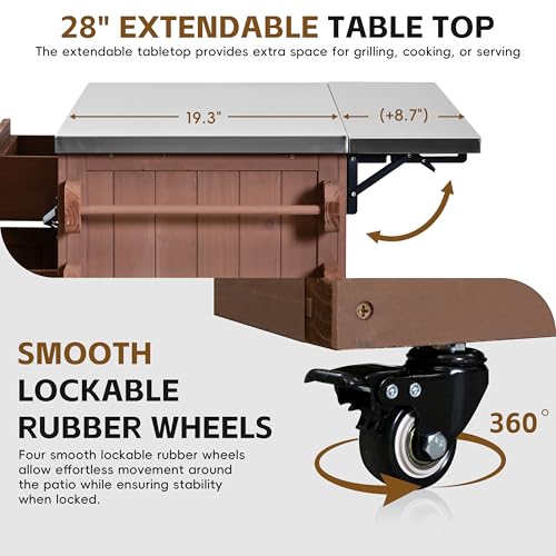 GDFStudio Winford Patio Kitchen Island Cart with Extendable Top, Wooden Outdoor Storage Cabinet with Stainless Steel BBQ Prep Table Top, Drawers, Spice Rack and Lockable Wheels, Potting Bench, Brown - color: Brown