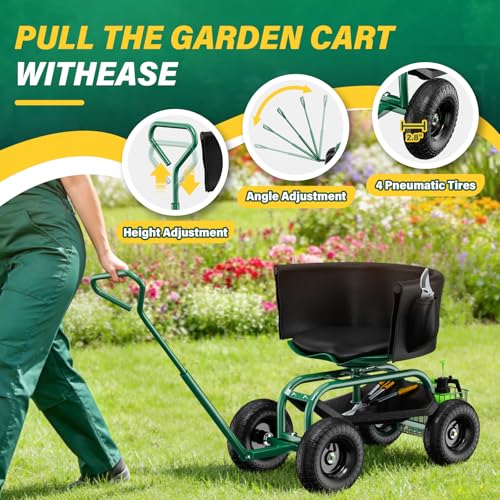 Garden Seat with Wheels, Rolling Garden Stool with Adjustable 360°Swivel Seat - color: Green