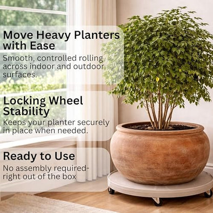 DeVaultEnterprises 23.5" Rolling Plant Caddy with Wheels, Heavy Duty Plant Pot Stand with Casters & Locking Wheel, Indoor Outdoor Planter Base for Pots, Round Plant Tray, Espresso, Supports 500 lbs