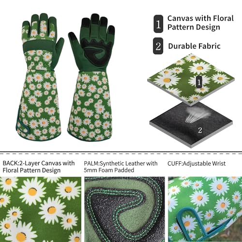 Thornproof Rose&Cactus Gardening Gloves,Gauntlet Garden Glove,Gifts - color: Green Daisy, size: Large
