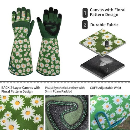 Thornproof Rose&Cactus Gardening Gloves,Gauntlet Garden Glove,Gifts - color: Green Daisy, size: Large