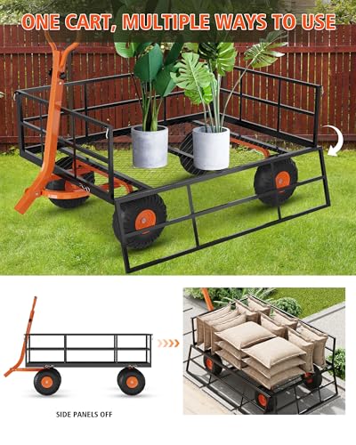1200 LBS Heavy Duty Steel Garden Cart, 3-in-1 Yard Wagon, 13" Air Tires - color: Black + Orange, size: 1200LBS