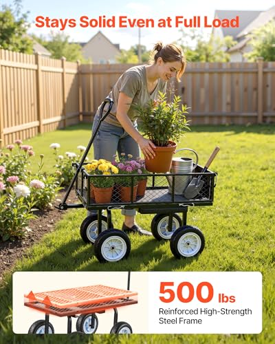 VEVOR 500 LBS Steel Garden Cart with Work Seat, Heavy Duty Garden Wagon Cart on Wheels, Outdoor Metal Utility Yard Wagon Gardening Stool with 10inch Flat Free Tires, Tool Tray & Adjustable Handle - color: Black