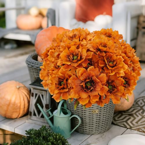 Fake Fall Flowers Artificial 4 Bundles Burnt Orange Mums for Vase - color: Brown Orange