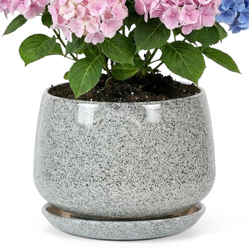 10.3 Inch Flower pots for Indoor Outdoor Plants with Saucer Drainage Leak-Proof Mesh, Ceramic Planter with Gardening Gloves for Succulent and Flower (Gray White) - color: Gray White, size: 10.3 Inch