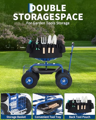 Heavy Duty Rolling Garden Work Seat – 360° Swivel Adjustable Stool, Extendable Handle, 10" All-Terrain Wheels, 400 lbs Capacity, Steel Double Frame with Backrest & Armrest – Blue - color: Blue, size: With Backrest