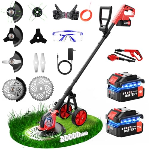 20000RPM Electric Weed Wacker Cordless with Wheel, 6000mAh Electric Weed Eater Battery Powered,4-in-1 Brush Cutter/String Trimmer/Grass Trimmer/Edger,Stringless Weed Trimmer,2 Battery