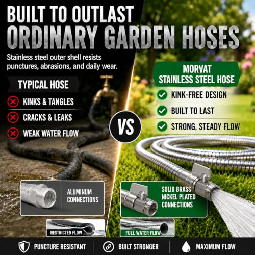 Morvat 100ft Stainless Steel Garden Hose Metal with Brass ON/OFF Valve, Heavy Duty for Nozzle, Water, Yard & Outdoor, Lightweight No-Kink, Crush & Puncture Resistant, Roll of Teflon Tape & 3 Washers - size: 100FT