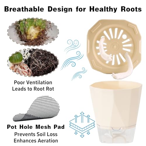 4 Packs Self Watering Plant Pots, Plastic Flower Pots with Drainage Hole and Saucer, Self Watering Planters for Indoor Outdoor Garden Plants, African Violet, Herbs (White, 5")