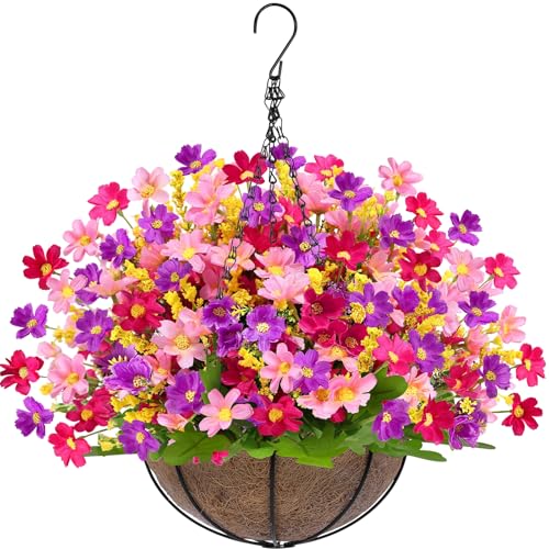 Artificial Hanging Flowers Basket for Outdoor Spring Summer Decor, Faux Silk Pink Purple Daisy Flowers in Hanging Planter,UV Resistant Fake Flower Look Real for Home Patio Balcony Yard Decor - color: Daisy Purple Mix