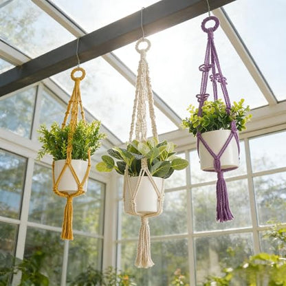 Macrame Plant Hangers Indoor, 3 Pack Ceiling Flower Pot Holder Macrame Plant Pots, Decorative Boho Plant Holders Set Macrame Hanging Planters (NO Plant Included)