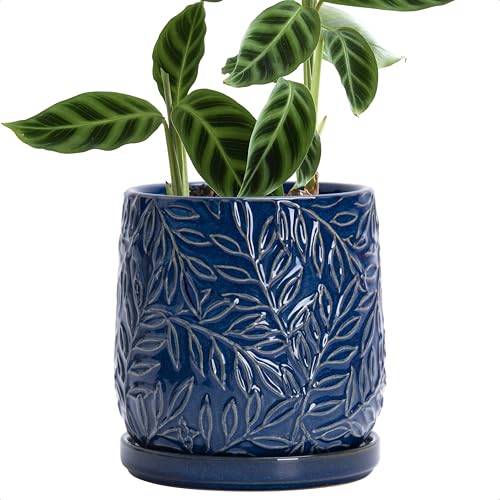 D'vine Dev Embossed Leaves Ceramic Planter, 6 in, Midnight Blue, 27-A-X-3 - color: Midnight Blue, size: 6 Inch
