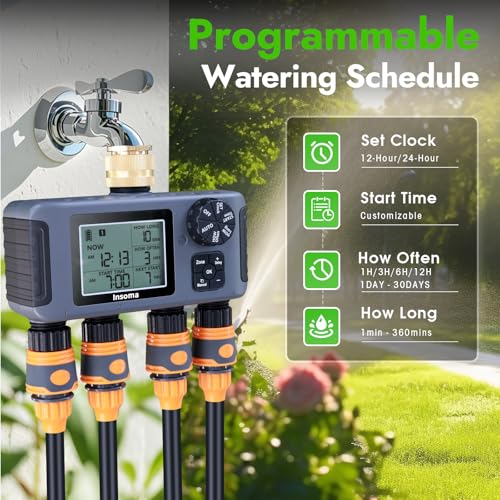 Insoma Water Timer with Brass Inlet, 4 Independent Zones Outdoor Hose Timer for Garden Faucet with Auto/Manual/Rain Delay Mode, IPX5 Waterproof, Sprinkler Irrigation Controller for Yard Lawn - color: Black, size: 4 Outlets
